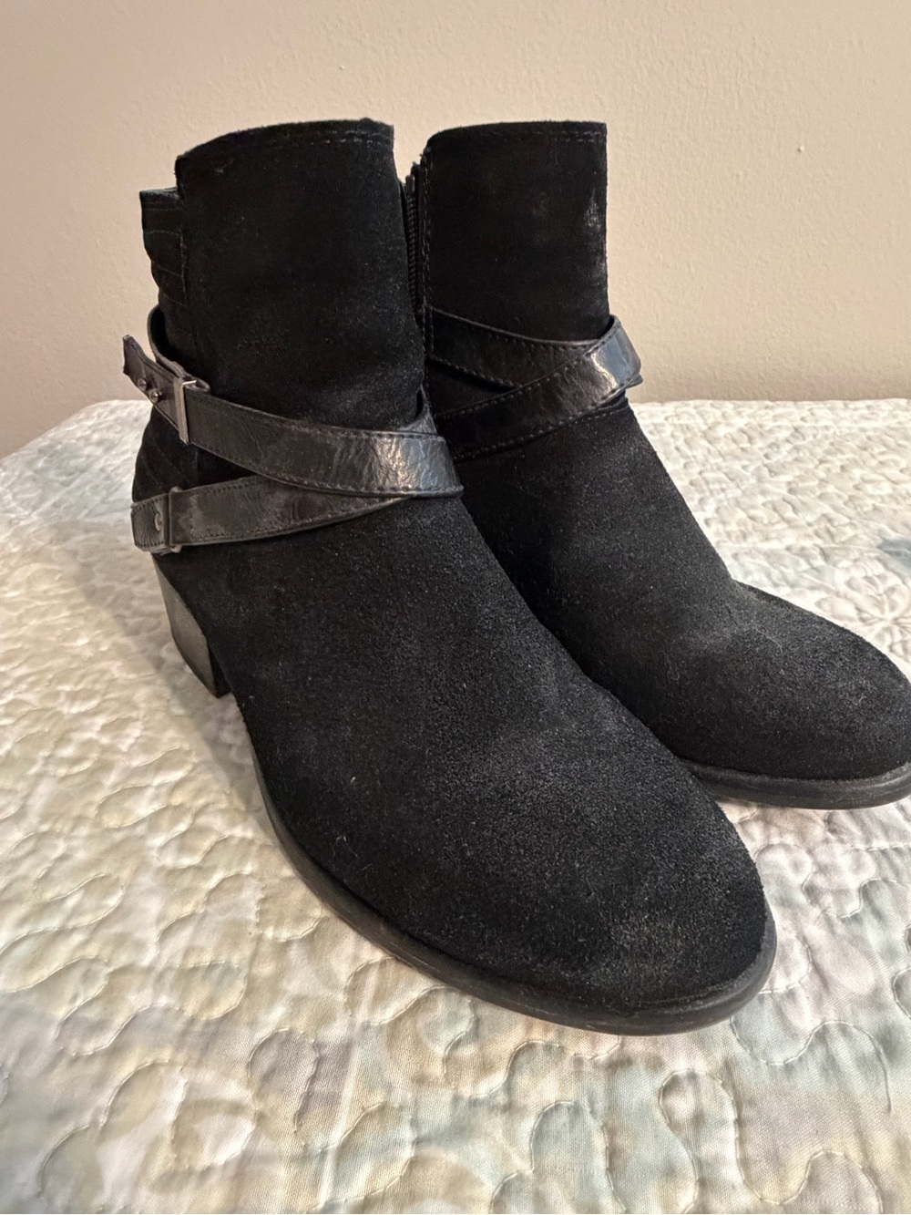Sonoma Black Suede Goth Heeled Ankle Booties with Criss Cross Buckle